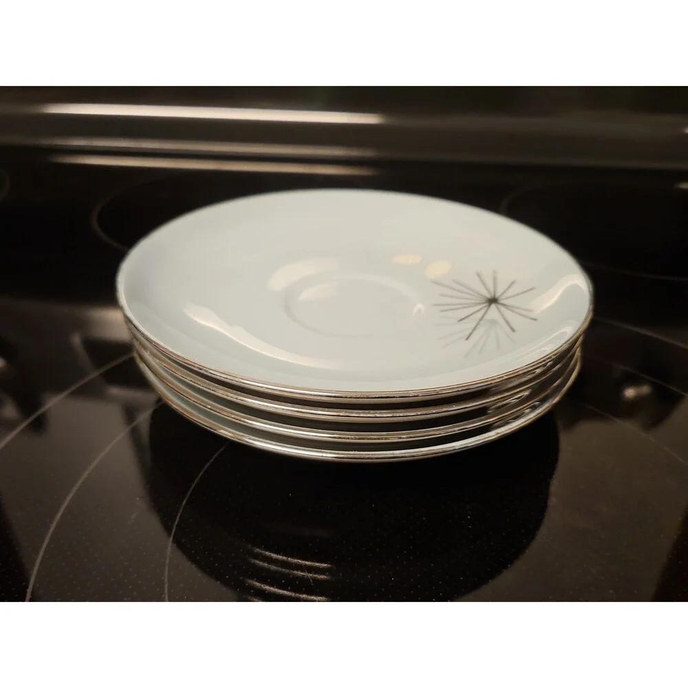 Set Of 4 Vintage MCM Franciscan Silver Pine Tea Cup & Saucer Sets Very Nice